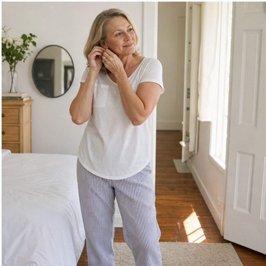 Woman getting ready for an ordinary day in a bright lived-in home