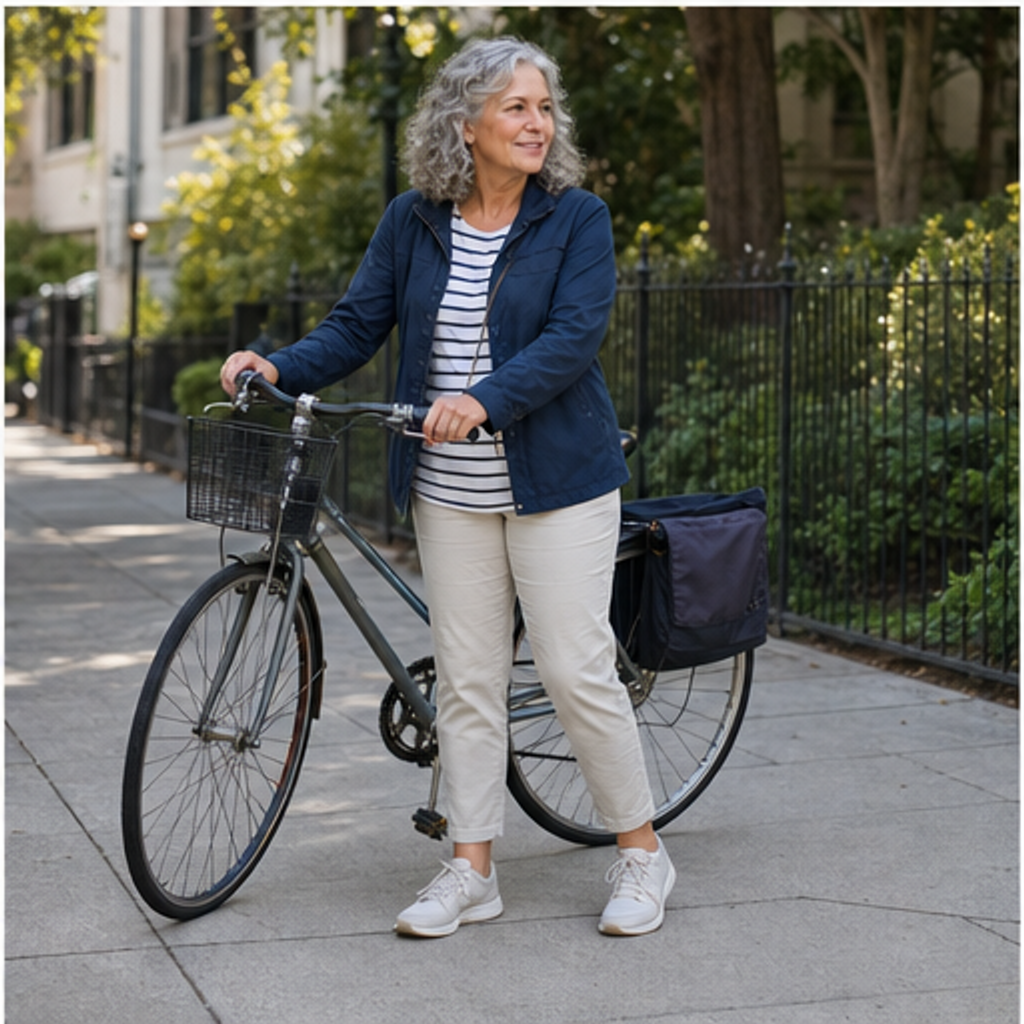 Woman standing beside a practical bicycle on a neighborhood sidewalk