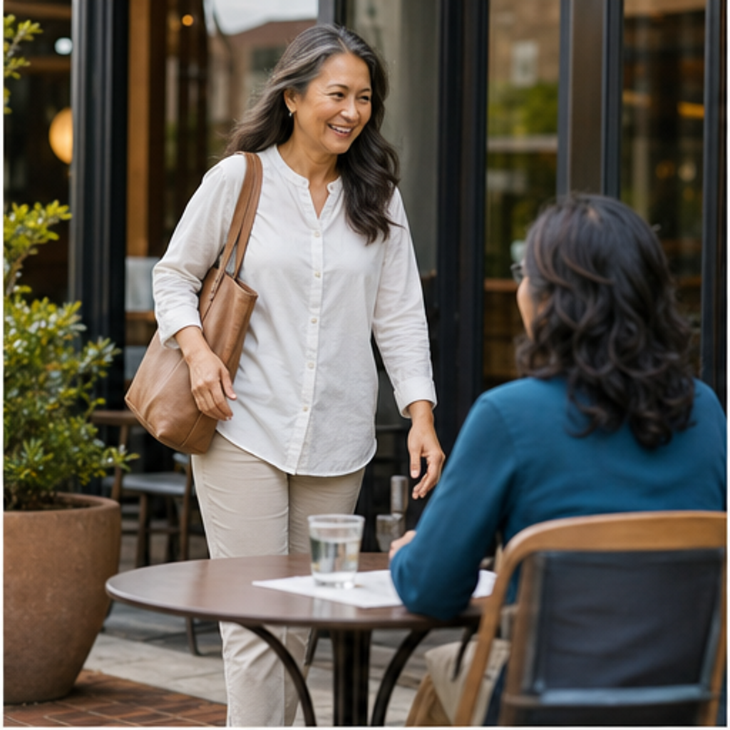 Woman arriving to meet a friend at an outdoor café